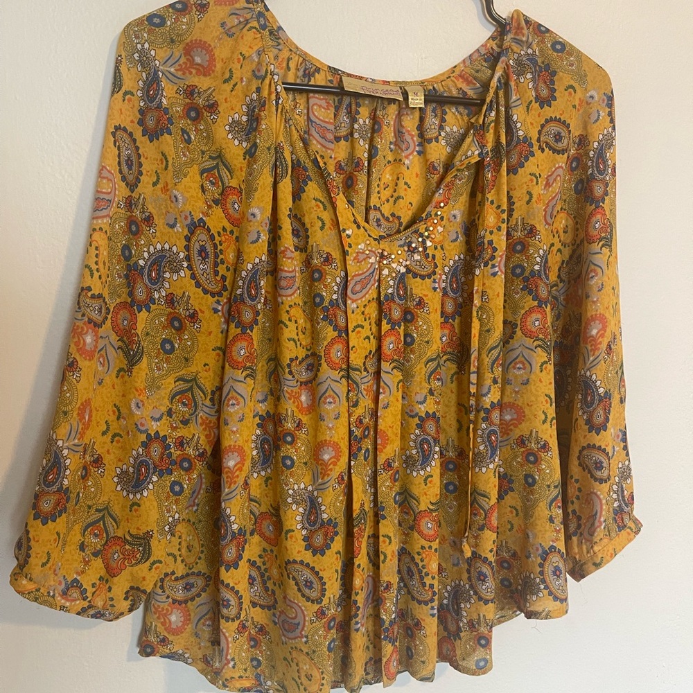 Princess Vera Wang Yellow and Blue Pleated 3/4 Sleeve Blouse